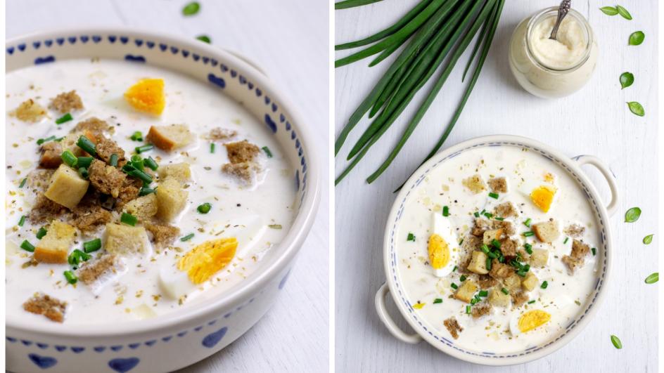 Zupa chrzanowa na rosole z jajkiem, grzankami i majerankiem