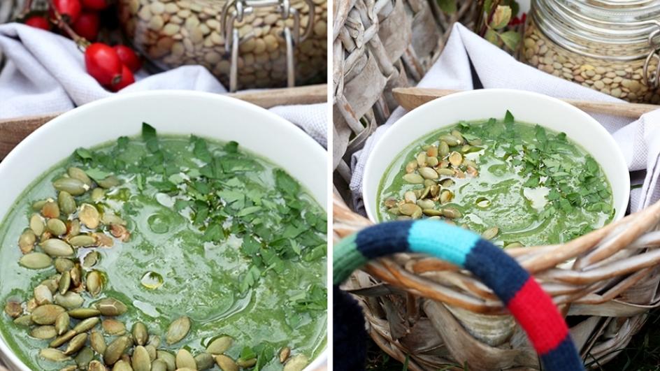 Zupa z zielonych warzyw z zieloną soczewicą i olejem lnianym