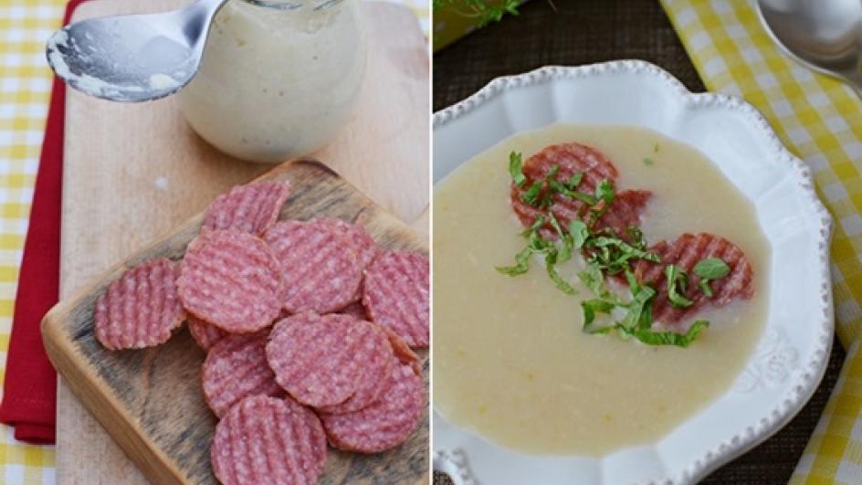 Zupa chrzanowa z chipsami z salami