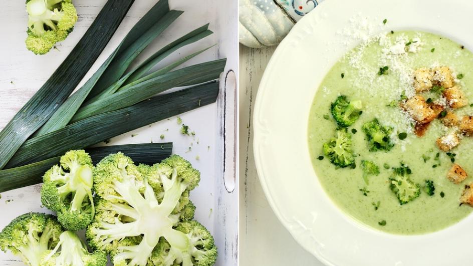 Zupa krem z brokułów i pora z ziołowymi grzaneczkami i parmezanem