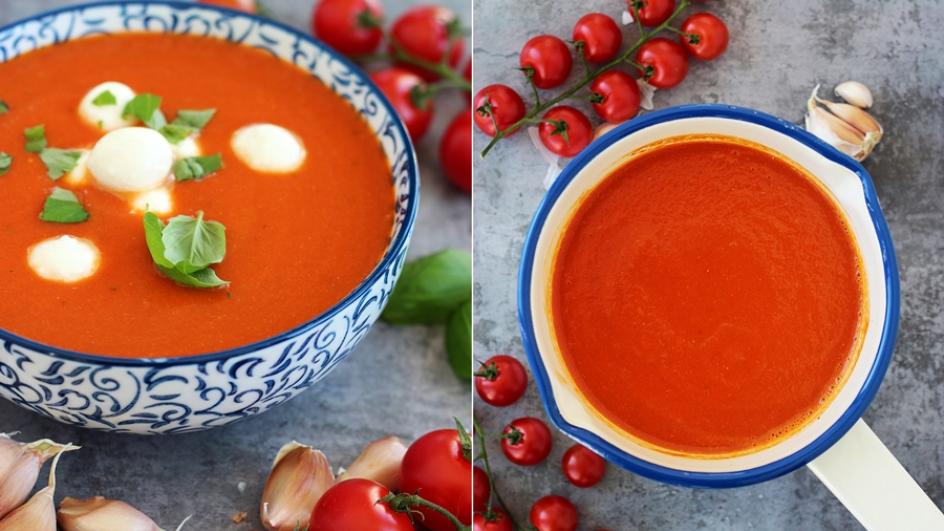 Zupa pomidorowa krem z pieczonym czosnkiem, mozzarellą i świeżą bazylią