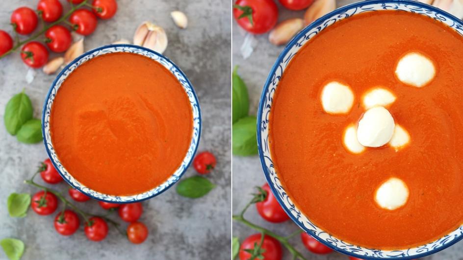 Zupa pomidorowa krem z pieczonym czosnkiem, mozzarellą i świeżą bazylią