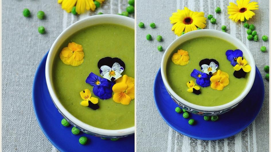 Zupa krem z zielonego groszku i porów z kwiatami jadalnymi