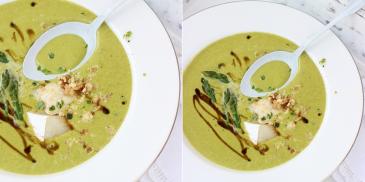 Zupa krem ze szparagów zielonych z grillowanym kozim serem i orzechami